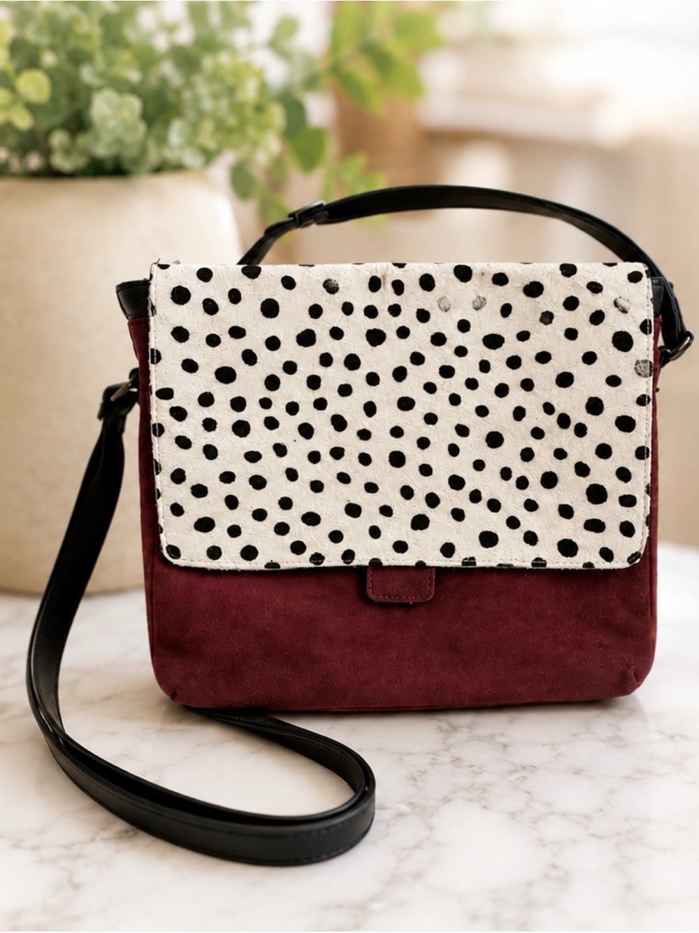 Soruka Burgundy Leather & Spotted Hair-On-Hide Crossbody Bag